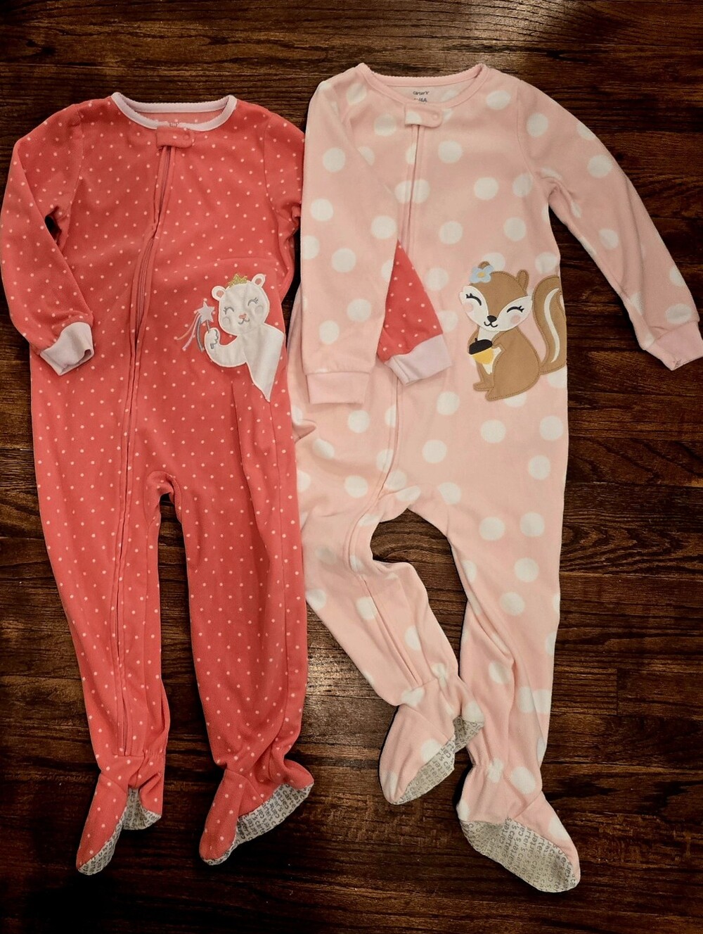 Carter's Pink Polka Dot Squirrel And Coral Teddy Bear Footed One-Piece Pajamas